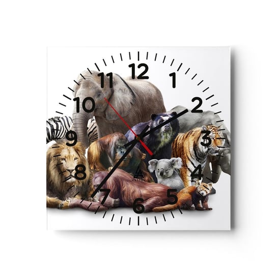 Zegar ścienny - Afrykańska rodzinna fotografia - 40x40cm - Abstrakcja Zwierzęta Wielka Piątka Afryki - Kwadratowy zegar szklany - Nowoczeny Stylowy Zegar do salonu do kuchni - Cichy i Modny zegar ARTTOR