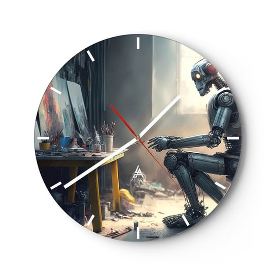 Zegar ścienny - Akt kreacji - 30x30cm - Sztuka Malowanie Robot - Okrągły zegar na szkle - Nowoczeny Stylowy Zegar do salonu do kuchni - Cichy i Modny zegar ARTTOR