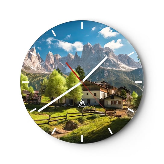 Zegar ścienny - Alpejska sielanka - 30x30cm - Góry Krajobraz Alpy - Okrągły zegar na szkle - Nowoczeny Stylowy Zegar do salonu do kuchni - Cichy i Modny zegar ARTTOR