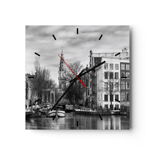 Zegar ścienny - Amsterdamskie klimaty - 30x30cm - Miasto Amsterdam Architektura - Kwadratowy zegar na szkle - Nowoczeny Stylowy Zegar do salonu do kuchni - Cichy i Modny zegar ARTTOR