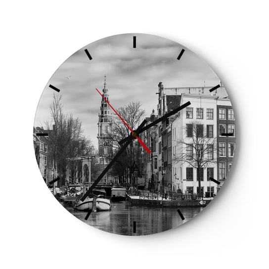 Zegar ścienny - Amsterdamskie klimaty - 30x30cm - Miasto Amsterdam Architektura - Okrągły zegar na szkle - Nowoczeny Stylowy Zegar do salonu do kuchni - Cichy i Modny zegar ARTTOR