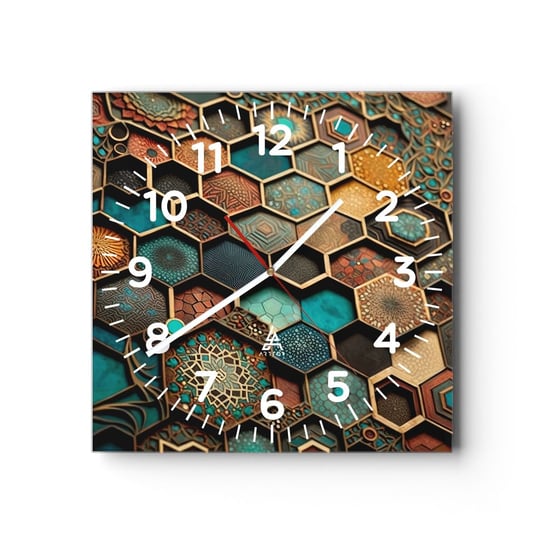 Zegar ścienny - Arabskie ornamenty – wariacja - 40x40cm - Sześcian Mozaika Wzór - Kwadratowy zegar szklany - Nowoczeny Stylowy Zegar do salonu do kuchni - Cichy i Modny zegar ARTTOR