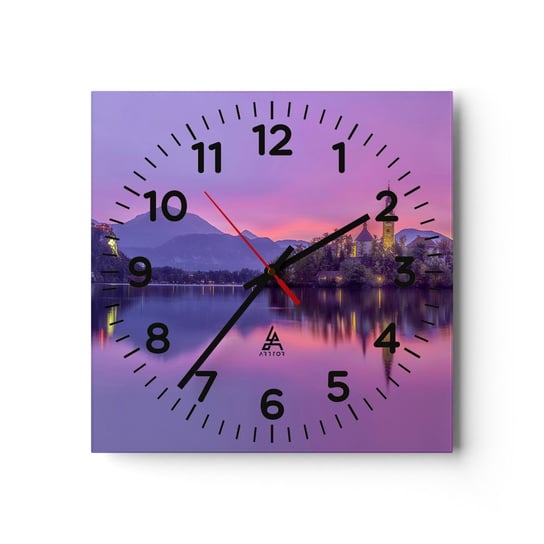 Zegar ścienny - Bajkowa wyspa o zmierzchu  - 40x40cm - Krajobraz Słowenia Wyspa Bled - Kwadratowy zegar szklany - Nowoczeny Stylowy Zegar do salonu do kuchni - Cichy i Modny zegar ARTTOR