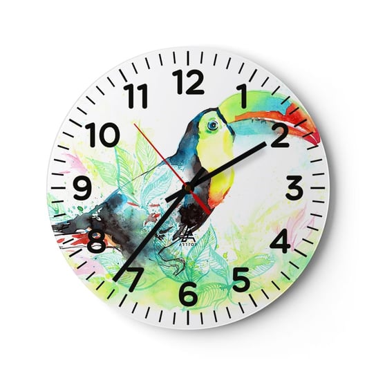 Zegar ścienny - Barwny jak Ameryka Południowa - 30x30cm - Ptak Tukan Dla Dzieci - Okrągły zegar ścienny - Nowoczeny Stylowy Zegar do salonu do kuchni - Cichy i Modny zegar ARTTOR