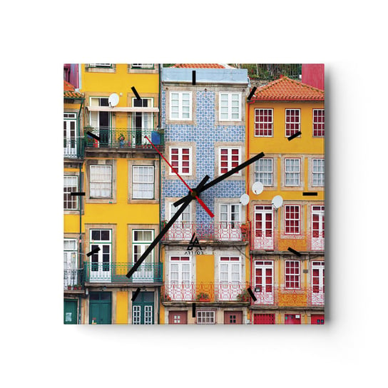 Zegar ścienny - Barwy starego miasta - 30x30cm - Miasto Porto Architektura - Kwadratowy zegar na szkle - Nowoczeny Stylowy Zegar do salonu do kuchni - Cichy i Modny zegar ARTTOR