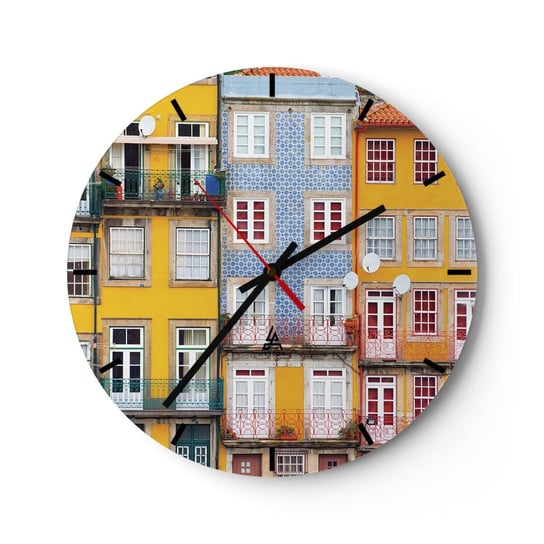 Zegar ścienny - Barwy starego miasta - 30x30cm - Miasto Porto Architektura - Okrągły zegar na szkle - Nowoczeny Stylowy Zegar do salonu do kuchni - Cichy i Modny zegar ARTTOR