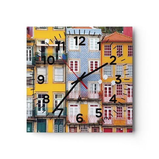 Zegar ścienny - Barwy starego miasta - 40x40cm - Miasto Porto Architektura - Kwadratowy zegar szklany - Nowoczeny Stylowy Zegar do salonu do kuchni - Cichy i Modny zegar ARTTOR