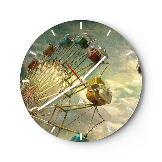 Zegar ścienny - Będzie, będzie zabawa… - 30x30cm - Vintage Lunapark Diabelski Młyn - Okrągły zegar na szkle - Nowoczeny Stylowy Zegar do salonu do kuchni - Cichy i Modny zegar ARTTOR