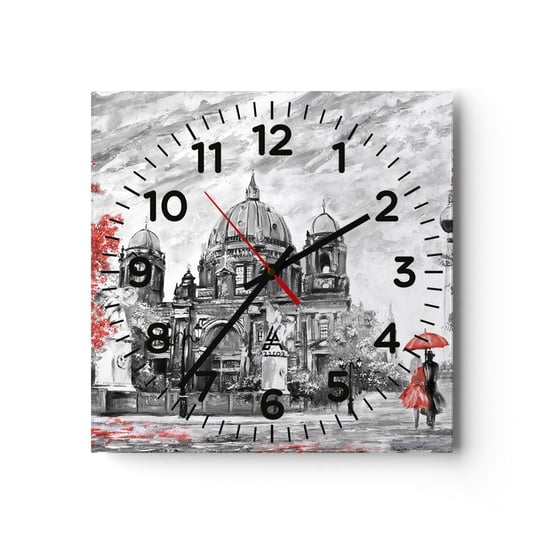 Zegar ścienny - Berlińskie spotkanie - 30x30cm - Miasto Malarstwo Architektura - Kwadratowy zegar ścienny - Nowoczeny Stylowy Zegar do salonu do kuchni - Cichy i Modny zegar ARTTOR
