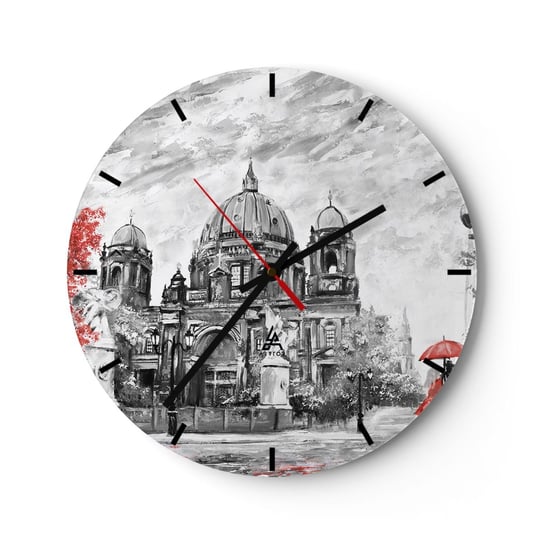 Zegar ścienny - Berlińskie spotkanie - 30x30cm - Miasto Malarstwo Architektura - Okrągły zegar na szkle - Nowoczeny Stylowy Zegar do salonu do kuchni - Cichy i Modny zegar ARTTOR