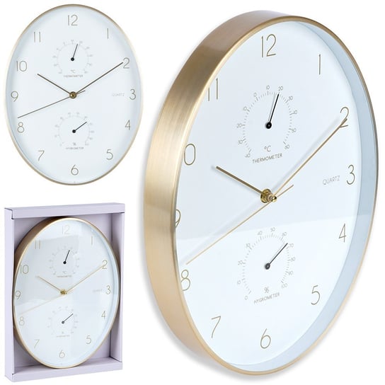 Zegar Ścienny Biały Złoty Z Termometrem Higrometrem Wiszący Na Ścianę Owalny 27X34,5 cm Vilde