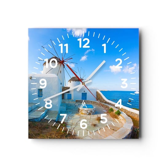 Zegar ścienny - Błękitny wiatr od morza - 30x30cm - Architektura Krajobraz Grecja - Kwadratowy zegar ścienny - Nowoczeny Stylowy Zegar do salonu do kuchni - Cichy i Modny zegar ARTTOR