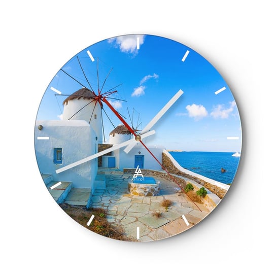 Zegar ścienny - Błękitny wiatr od morza - 30x30cm - Architektura Krajobraz Grecja - Okrągły zegar na szkle - Nowoczeny Stylowy Zegar do salonu do kuchni - Cichy i Modny zegar ARTTOR