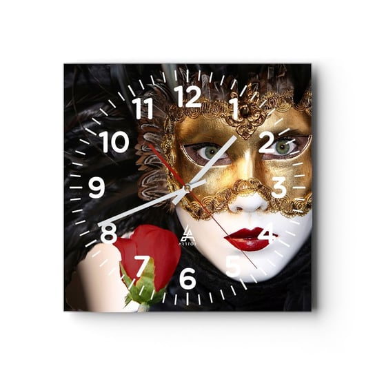 Zegar ścienny - Bo życie to wielki bal - 30x30cm - Maska Róża Czerwone Usta - Kwadratowy zegar ścienny - Nowoczeny Stylowy Zegar do salonu do kuchni - Cichy i Modny zegar ARTTOR