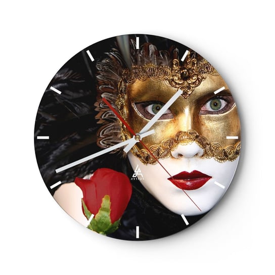 Zegar ścienny - Bo życie to wielki bal - 30x30cm - Maska Róża Czerwone Usta - Okrągły zegar na szkle - Nowoczeny Stylowy Zegar do salonu do kuchni - Cichy i Modny zegar ARTTOR