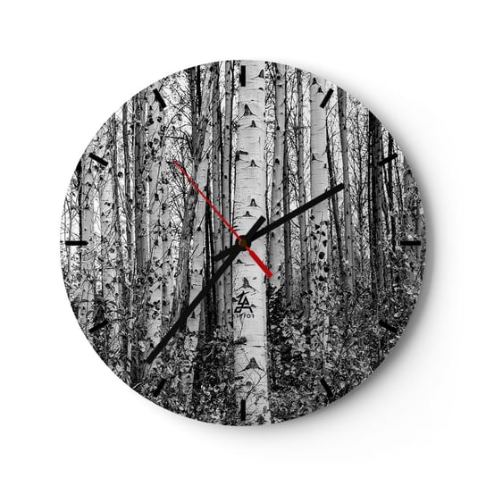 Zegar ścienny - Brzozowa kolumnada - 30x30cm - Las Brzoza Natura - Okrągły zegar na szkle - Nowoczeny Stylowy Zegar do salonu do kuchni - Cichy i Modny zegar ARTTOR