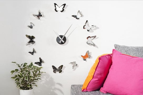 Zegar ścienny Butterfly chrom 30cm naklejany DIY motyle(Z20792) Invicta Interior