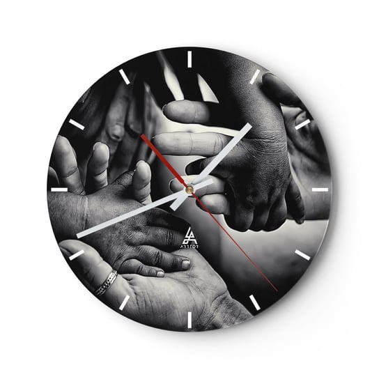 Zegar ścienny - Być człowiekiem - 30x30cm - Dłonie Ludzie Miłość - Okrągły zegar na szkle - Nowoczeny Stylowy Zegar do salonu do kuchni - Cichy i Modny zegar ARTTOR