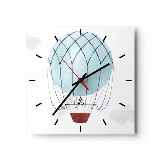 Zegar ścienny - Cały w chmurach - 30x30cm - Dziecięcy Balon Minimalizm - Kwadratowy zegar na szkle - Nowoczeny Stylowy Zegar do salonu do kuchni - Cichy i Modny zegar ARTTOR