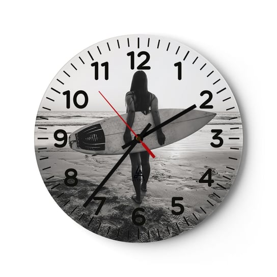 Zegar ścienny - Córka morskiej fali - 30x30cm - Kobieta Plaża Surfing - Okrągły zegar ścienny - Nowoczeny Stylowy Zegar do salonu do kuchni - Cichy i Modny zegar ARTTOR