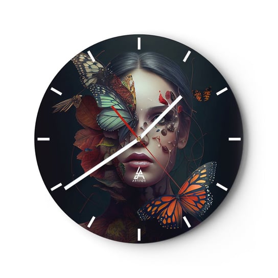 Zegar ścienny - Cudowna metamorfoza - 30x30cm - Motyle Twarz Kobieta - Okrągły zegar na szkle - Nowoczeny Stylowy Zegar do salonu do kuchni - Cichy i Modny zegar ARTTOR