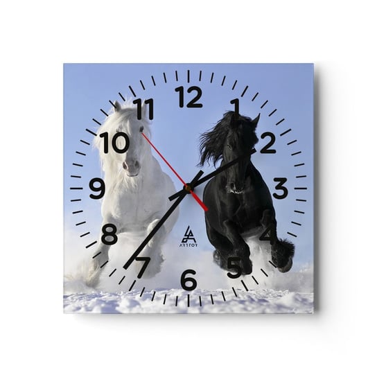 Zegar ścienny - Czarno-biały galop - 40x40cm - Zwierzęta Koń Zima - Kwadratowy zegar szklany - Nowoczeny Stylowy Zegar do salonu do kuchni - Cichy i Modny zegar ARTTOR