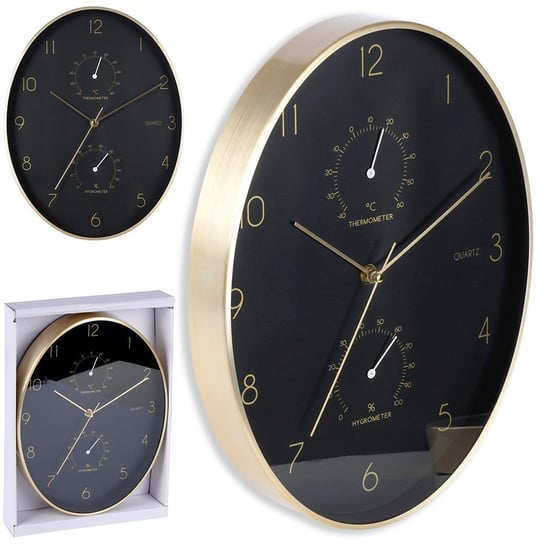 Zegar Ścienny Czarny Złoty Z Termometrem Higrometrem Wiszący Na Ścianę Owalny 27X34,5 cm Vilde