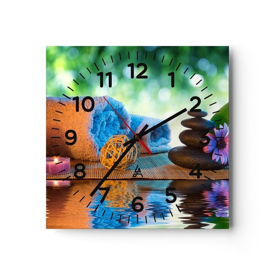 Zegar ścienny - Czas dla ciała - 40x40cm - Spa Świeca Kultura Japonia - Kwadratowy zegar szklany - Nowoczeny Stylowy Zegar do salonu do kuchni - Cichy i Modny zegar ARTTOR