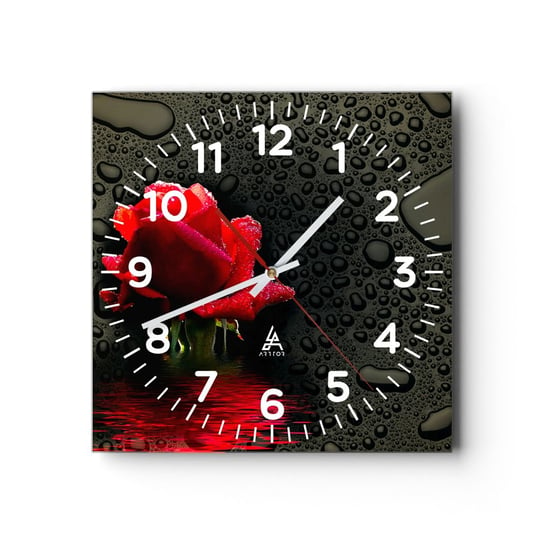 Zegar ścienny - Czerwone i czarne - 40x40cm - Kwiaty Róża Woda - Kwadratowy zegar szklany - Nowoczeny Stylowy Zegar do salonu do kuchni - Cichy i Modny zegar ARTTOR