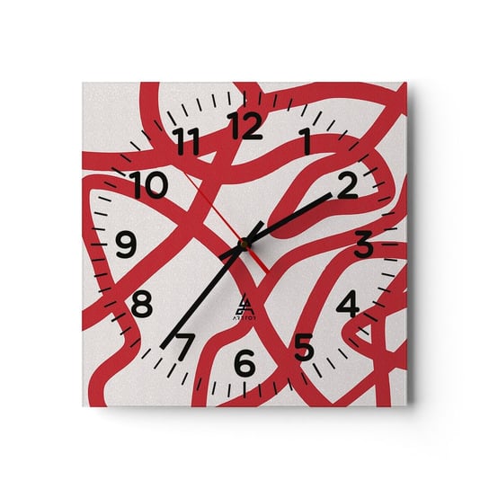 Zegar ścienny - Czerwono na białym - 40x40cm - Minimalizm Sztuka Linie - Kwadratowy zegar szklany - Nowoczeny Stylowy Zegar do salonu do kuchni - Cichy i Modny zegar ARTTOR