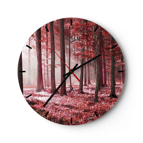 Zegar ścienny - Czerwony równie piękny - 30x30cm - Krajobraz Las Drzewa - Okrągły zegar na szkle - Nowoczeny Stylowy Zegar do salonu do kuchni - Cichy i Modny zegar ARTTOR