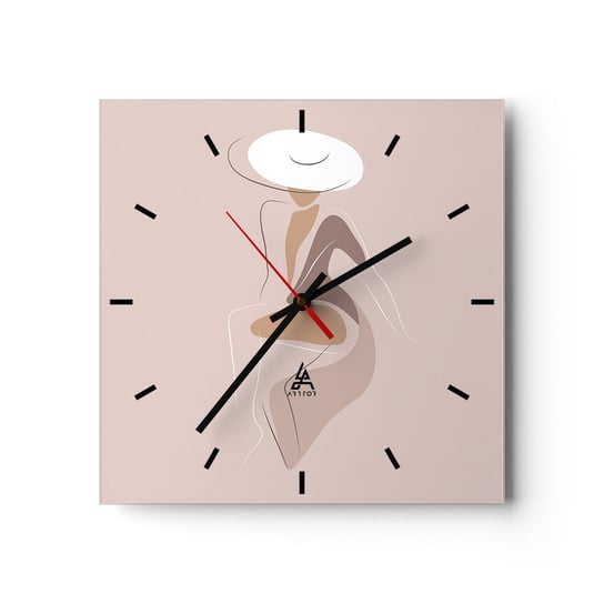 Zegar ścienny - Damą być - 30x30cm - Grafika Kobieta Kobieta W Kapeluszu - Kwadratowy zegar na szkle - Nowoczeny Stylowy Zegar do salonu do kuchni - Cichy i Modny zegar ARTTOR