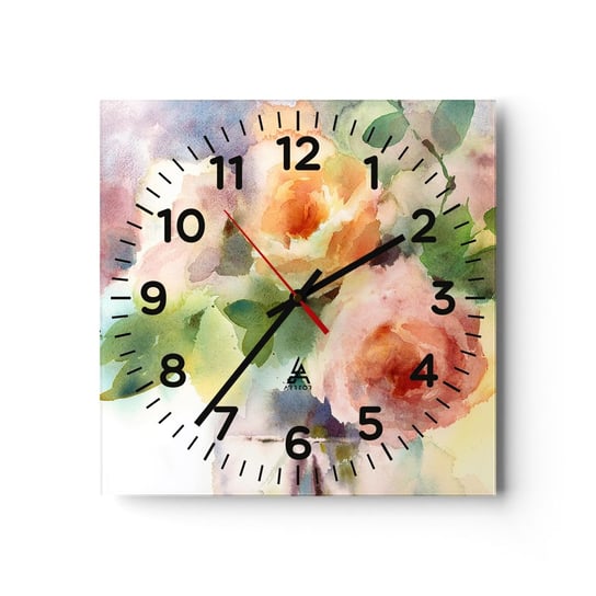 Zegar ścienny - Delikatne jak akwarela - 30x30cm - Kwiaty Róże Bukiet - Kwadratowy zegar ścienny - Nowoczeny Stylowy Zegar do salonu do kuchni - Cichy i Modny zegar ARTTOR