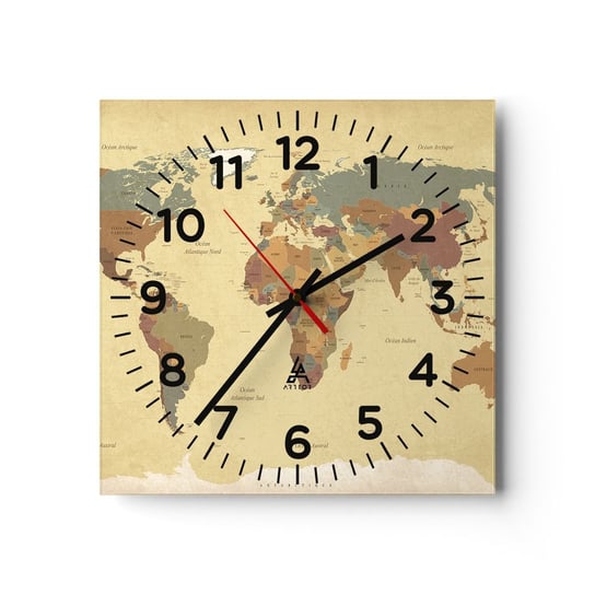 Zegar ścienny - Dla ciebie - cały świat - 30x30cm - Mapa Świata Kontynenty Podróże - Kwadratowy zegar ścienny - Nowoczeny Stylowy Zegar do salonu do kuchni - Cichy i Modny zegar ARTTOR