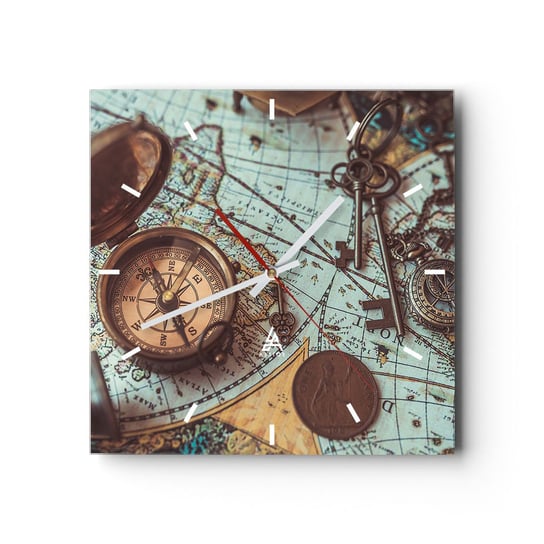 Zegar ścienny - Dla poszukiwacza przygód - 30x30cm - Kompas Luneta Mapa - Kwadratowy zegar na szkle - Nowoczeny Stylowy Zegar do salonu do kuchni - Cichy i Modny zegar ARTTOR