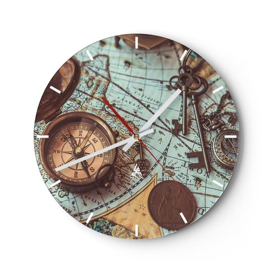 Zegar ścienny - Dla poszukiwacza przygód - 30x30cm - Kompas Luneta Mapa - Okrągły zegar na szkle - Nowoczeny Stylowy Zegar do salonu do kuchni - Cichy i Modny zegar ARTTOR