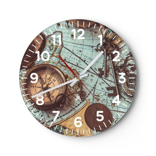 Zegar ścienny - Dla poszukiwacza przygód - 30x30cm - Kompas Luneta Mapa - Okrągły zegar ścienny - Nowoczeny Stylowy Zegar do salonu do kuchni - Cichy i Modny zegar ARTTOR