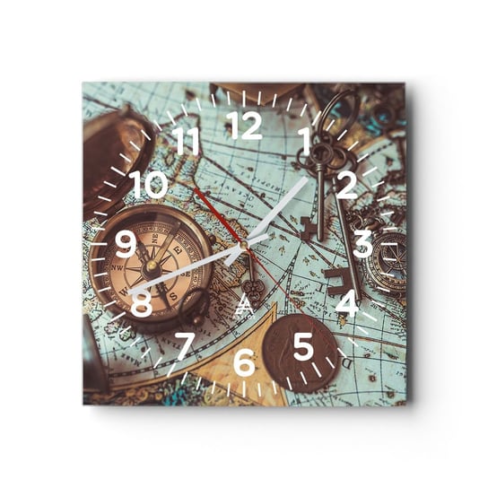 Zegar ścienny - Dla poszukiwacza przygód - 40x40cm - Kompas Luneta Mapa - Kwadratowy zegar szklany - Nowoczeny Stylowy Zegar do salonu do kuchni - Cichy i Modny zegar ARTTOR