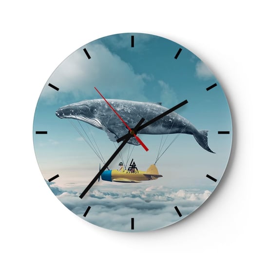 Zegar ścienny - Dlaczego nie? - 30x30cm - Wieloryb Dzieci Samolot - Okrągły zegar na szkle - Nowoczeny Stylowy Zegar do salonu do kuchni - Cichy i Modny zegar ARTTOR