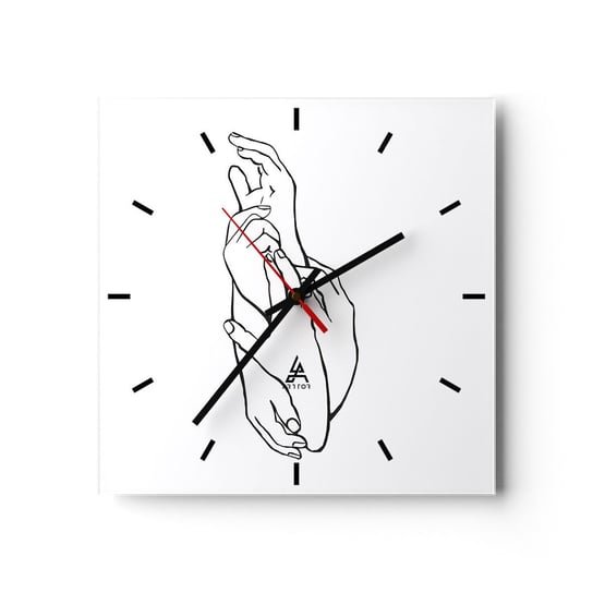 Zegar ścienny - Dobry dotyk - 30x30cm - Dłonie Kreska Minimalizm - Kwadratowy zegar na szkle - Nowoczeny Stylowy Zegar do salonu do kuchni - Cichy i Modny zegar ARTTOR