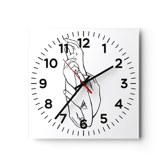 Zegar ścienny - Dobry dotyk - 30x30cm - Dłonie Kreska Minimalizm - Kwadratowy zegar ścienny - Nowoczeny Stylowy Zegar do salonu do kuchni - Cichy i Modny zegar ARTTOR