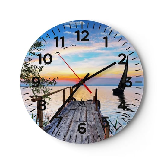 Zegar ścienny - Dobry wieczór - 40x40cm - Krajobraz Jezioro Drewniany Pomost - Okrągły zegar szklany - Nowoczeny Stylowy Zegar do salonu do kuchni - Cichy i Modny zegar ARTTOR