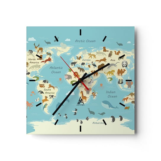 Zegar ścienny - Dobrzy sąsiedzi - 30x30cm - Mapa Świata Mapa Ze Zwierzętami Zwierzęta - Kwadratowy zegar na szkle - Nowoczeny Stylowy Zegar do salonu do kuchni - Cichy i Modny zegar ARTTOR