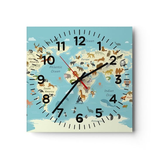 Zegar ścienny - Dobrzy sąsiedzi - 30x30cm - Mapa Świata Mapa Ze Zwierzętami Zwierzęta - Kwadratowy zegar ścienny - Nowoczeny Stylowy Zegar do salonu do kuchni - Cichy i Modny zegar ARTTOR