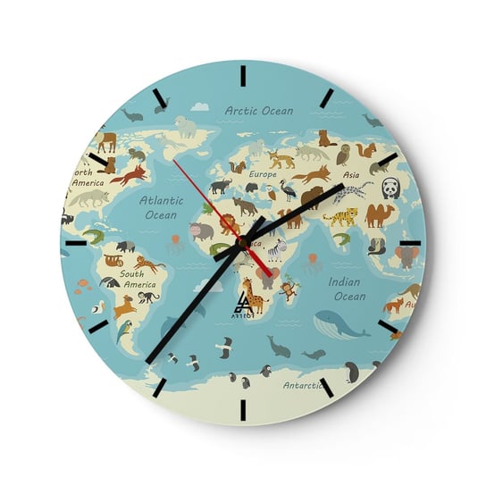 Zegar ścienny - Dobrzy sąsiedzi - 30x30cm - Mapa Świata Mapa Ze Zwierzętami Zwierzęta - Okrągły zegar na szkle - Nowoczeny Stylowy Zegar do salonu do kuchni - Cichy i Modny zegar ARTTOR
