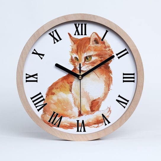 Zegar ścienny drewniany rzymski rudy kot fi 30 cm, Tulup Tulup