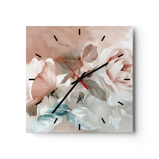 Zegar ścienny - Duch romantyzmu - 30x30cm - Kwiaty Romantyczny Róże - Kwadratowy zegar na szkle - Nowoczeny Stylowy Zegar do salonu do kuchni - Cichy i Modny zegar ARTTOR
