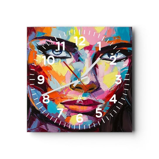 Zegar ścienny - Dusza też kolorowa - 40x40cm - Portret Kobiety Twarz Sztuka - Kwadratowy zegar szklany - Nowoczeny Stylowy Zegar do salonu do kuchni - Cichy i Modny zegar ARTTOR