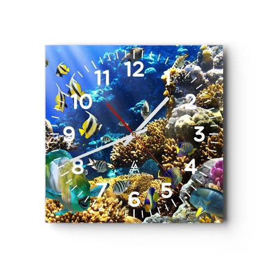Zegar ścienny - Duży ruch na wakacyjnym szlaku - 40x40cm - Rafa Koralowa Ocean Ryby - Kwadratowy zegar szklany - Nowoczeny Stylowy Zegar do salonu do kuchni - Cichy i Modny zegar ARTTOR