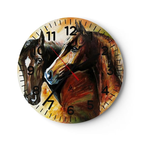 Zegar ścienny - Dwa razy więcej wdzięku - 40x40cm - Zwierzęta Konie Natura - Okrągły zegar szklany - Nowoczeny Stylowy Zegar do salonu do kuchni - Cichy i Modny zegar ARTTOR